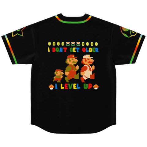 Black baseball jersey back with pixel-art character leveling up and I Level Up text