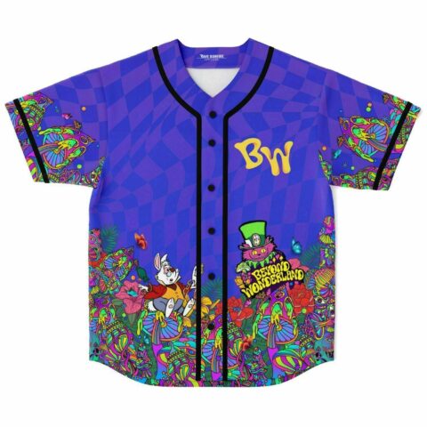 purple checkered wonderland baseball jersey with white rabbit and mad hatter cat graphic front view