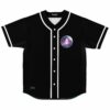 Black rave baseball jersey front view with small glowing pyramid and cosmic circle patch