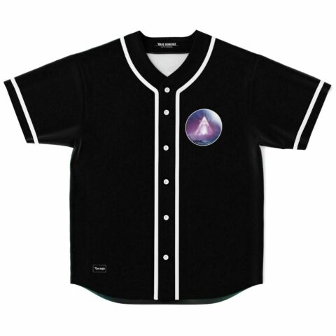 Black rave baseball jersey front view with small glowing pyramid and cosmic circle patch