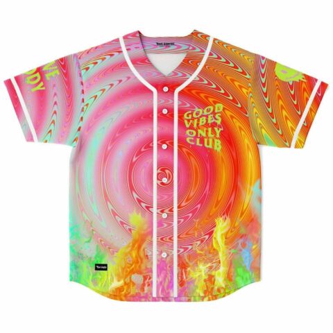 Hot pink hypnotic swirl baseball jersey with neon flames and Good Vibes Only Club text