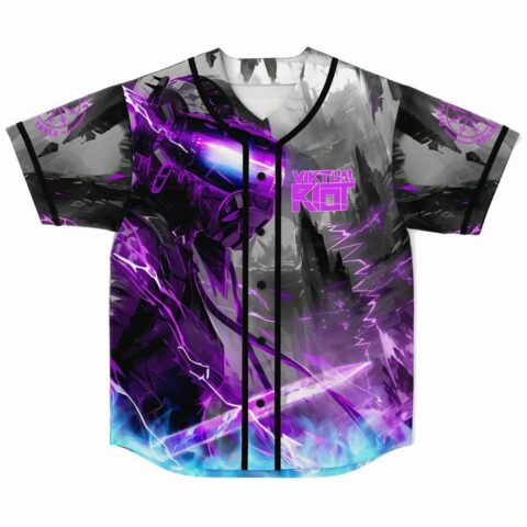Purple armored warrior baseball jersey front view with bass-inspired lightning graphic and black button placket