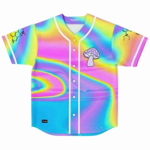 Rainbow holographic rave baseball jersey with mushroom graphic and molecule sleeve prints, front view