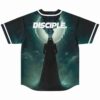 Disciple rave baseball jersey back view with hooded cloaked figure and glowing eclipse design
