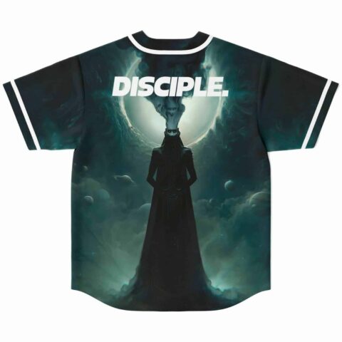 Disciple rave baseball jersey back view with hooded cloaked figure and glowing eclipse design