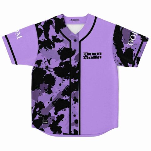 Lavender baseball jersey with black paint splatter panel front view flat lay