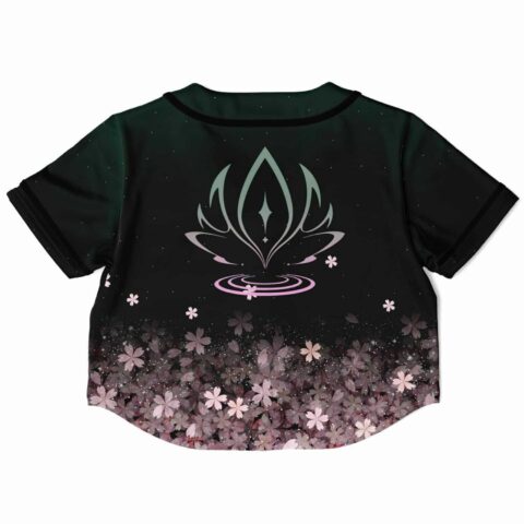 Back view of black cropped baseball jersey with floral gradient design