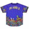 Back view of Beyond Wonderland fan rave baseball jersey with custom name panel over neon mushroom and rabbit print
