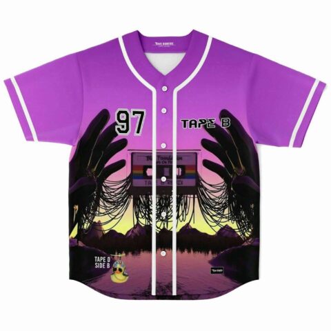 Tape B purple rave baseball jersey with cassette tape and shadow hands graphic front view