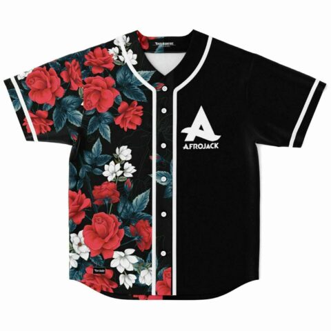 Black baseball jersey, red rose and white floral half-print, bold A logo, front view