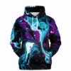 purple marble rave hoodie flat front view with black drawstrings and swirling teal violet design