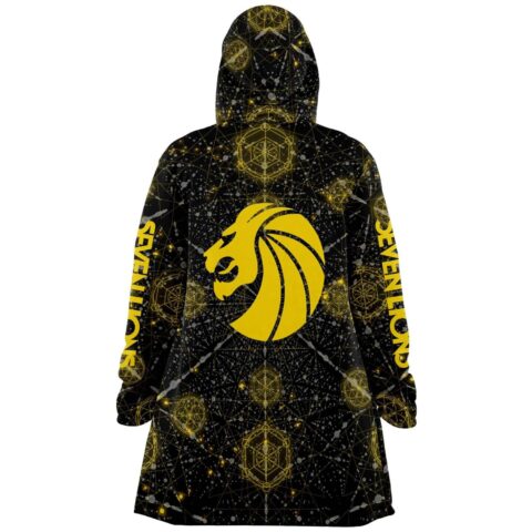 Sacred geometry rave cloak back view featuring bold yellow lion head emblem