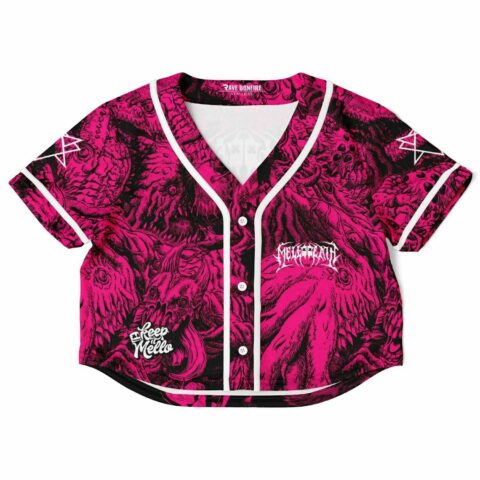 Cropped baseball jersey with vivid pink and black graphic artwork design