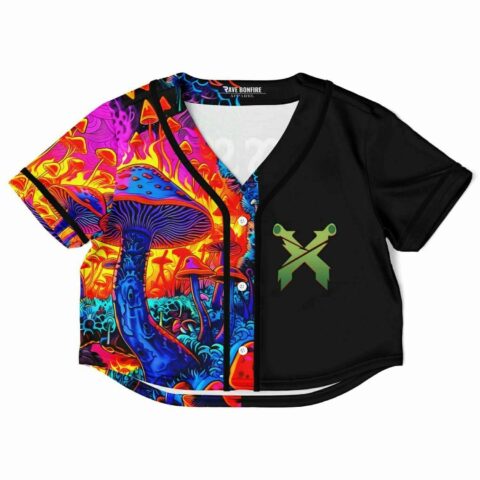 Jazzy baseball jersey with half-black, half-colorful mushroom design