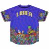 Back view of purple Beyond Wonderland fan rave baseball jersey with custom name, rabbit graphic and neon mushroom hem