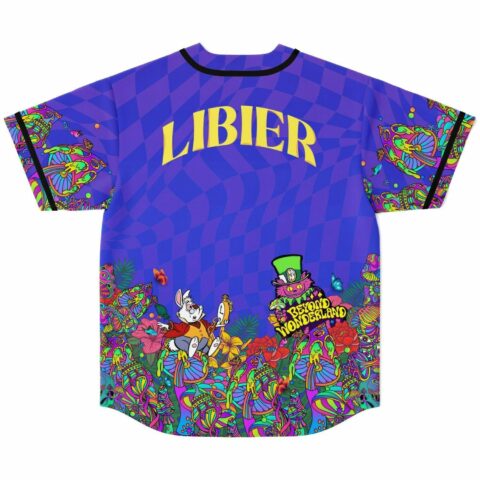 Back view of purple Wonderland jersey with LIBIER text, rabbit graphic and neon mushroom hem