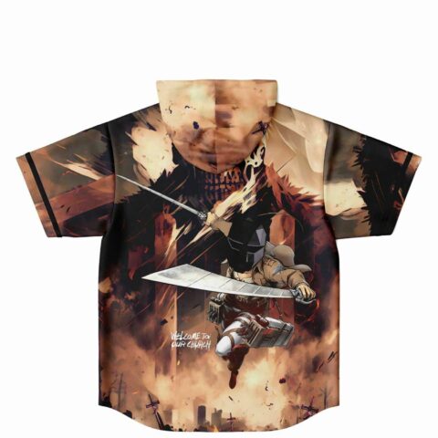 Back view of hooded jersey showing masked swordsman graphic and Welcome To Our Church text