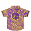 Purple and yellow swirl print hooded jersey back view showing large circular Good Vibes graphic
