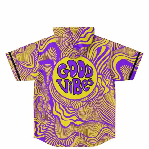 Purple and yellow swirl print hooded jersey back view showing large circular Good Vibes graphic