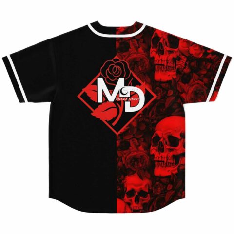 Back view of black and red skulls jersey with MD Miles Deep diamond logo