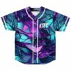 Shattered glass rave baseball jersey in teal and purple, white piping, KTNY logo, laid flat