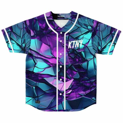Shattered glass rave baseball jersey in teal and purple, white piping, KTNY logo, laid flat