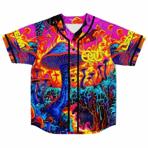 Psychedelic mushroom print rave baseball jersey front view with glowing pink and blue forest scene