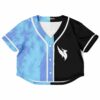 Front view of the blue tie-dye and black rave cropped baseball jersey