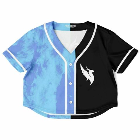 Blue tie-dye and black cropped baseball jersey, front view