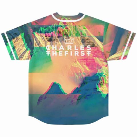 Charles The First rave jersey back view with colorful glitch mountain print