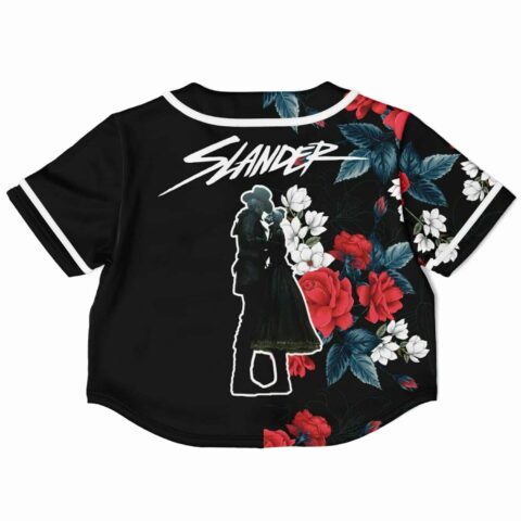 Back view of black jersey featuring floral pattern and bold text