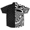 Back view of the half-and-half rave button-down shirt with an abstract design