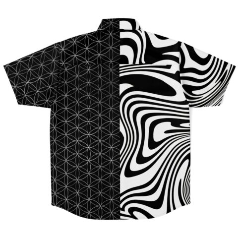 Half-and-half button-up shirt with abstract design, back view