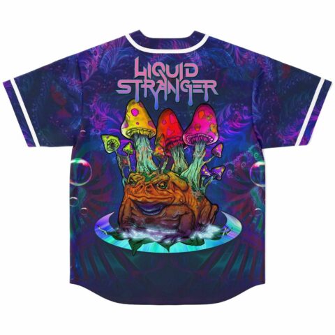Bass-inspired baseball jersey back print with mushrooms toad and Liquid Stranger text