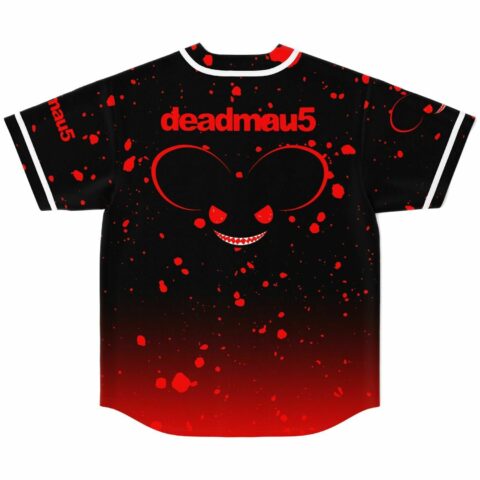 Back view of black jersey showing deadmau5 text above red splatter mouse head graphic