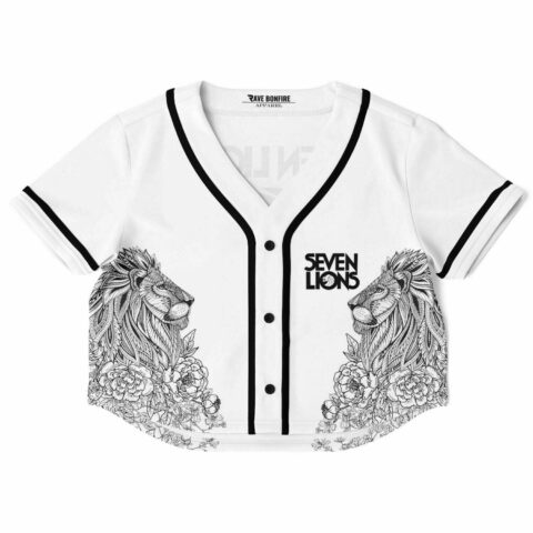 White cropped baseball jersey with lion illustration and floral accents