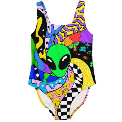 Green alien face swimsuit with checkerboard swirl and smiley print front view