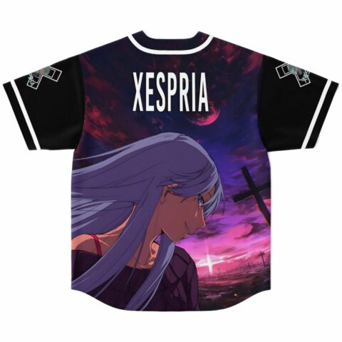 Back view of purple anime dusk jersey showing windblown-hair character art and Xespria text