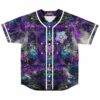 Front view of sacred geometry rave baseball jersey in purple and teal with mushroom