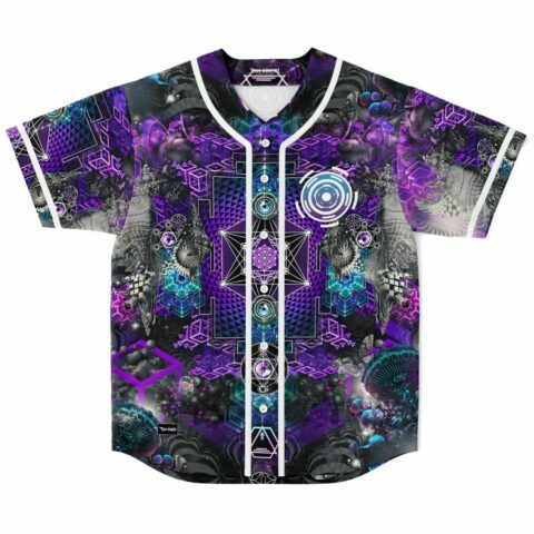 Front view of sacred geometry rave baseball jersey in purple and teal with mushroom