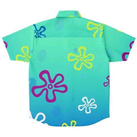 Back view of button-up shirt featuring vibrant flower patterns