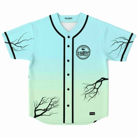 Bare tree branch print baseball jersey in mint to sky blue gradient front view