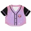 Rave cropped baseball jersey with a pink and purple gradient and skull design