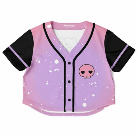 Cropped baseball jersey with pink and purple gradient and skull design