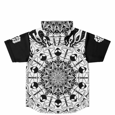 Alien mandala kaleidoscope print hooded jersey flat back view with mirrored eye design