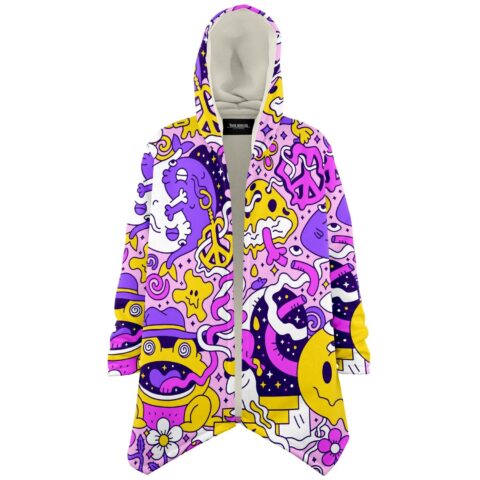 Pastel pink dense cartoon rave cloak with melting smiley and peace sign print, front view