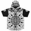Black white kaleidoscope rave hooded baseball jersey with alien mandala print flat front view