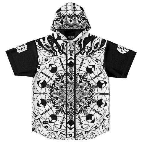 Black white kaleidoscope rave hooded baseball jersey with alien mandala print flat front view