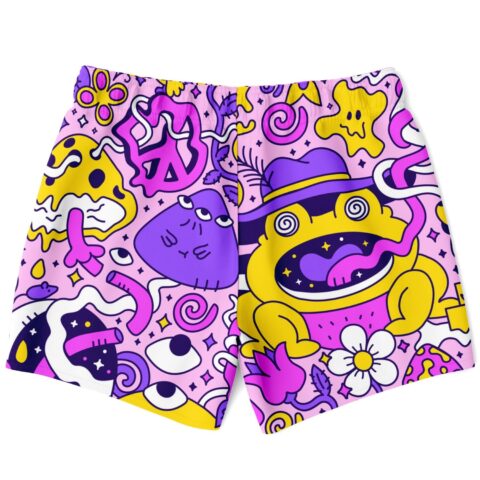 Pink cartoon doodle rave swim trunks back view with peace sign and frog design