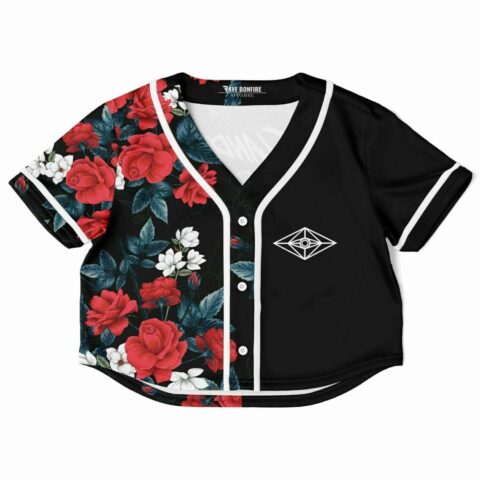 Cropped black baseball jersey with red floral design and geometric accents